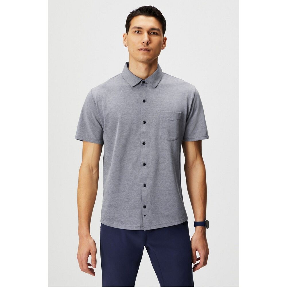 Fabletics The Dash Shirt Men's XL Gray Button Down Up Short Sleeve W/ Pocket